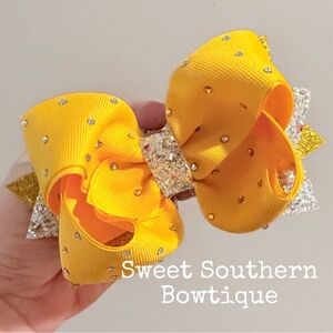 Yellow Rhinestone Boutique Hair Bow With Glitter Tails
